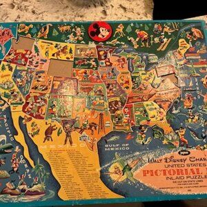 Vtg Jaymar Disney Character United States Pictorial Map Inlaid Puzzle #1652
